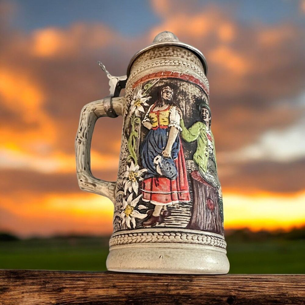 Vintage Original West German Gerz Lidded Beer Stein Impressed Mark 9.5 in Tall